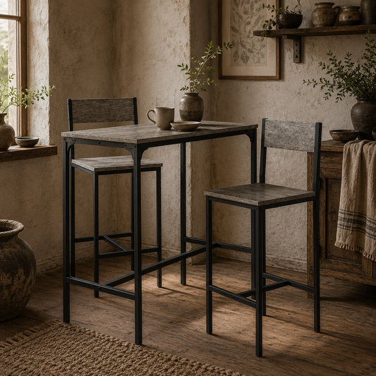 Novero 3 Piece Industrial Breakfast Bar Set With 2 Stools And Footrest Support