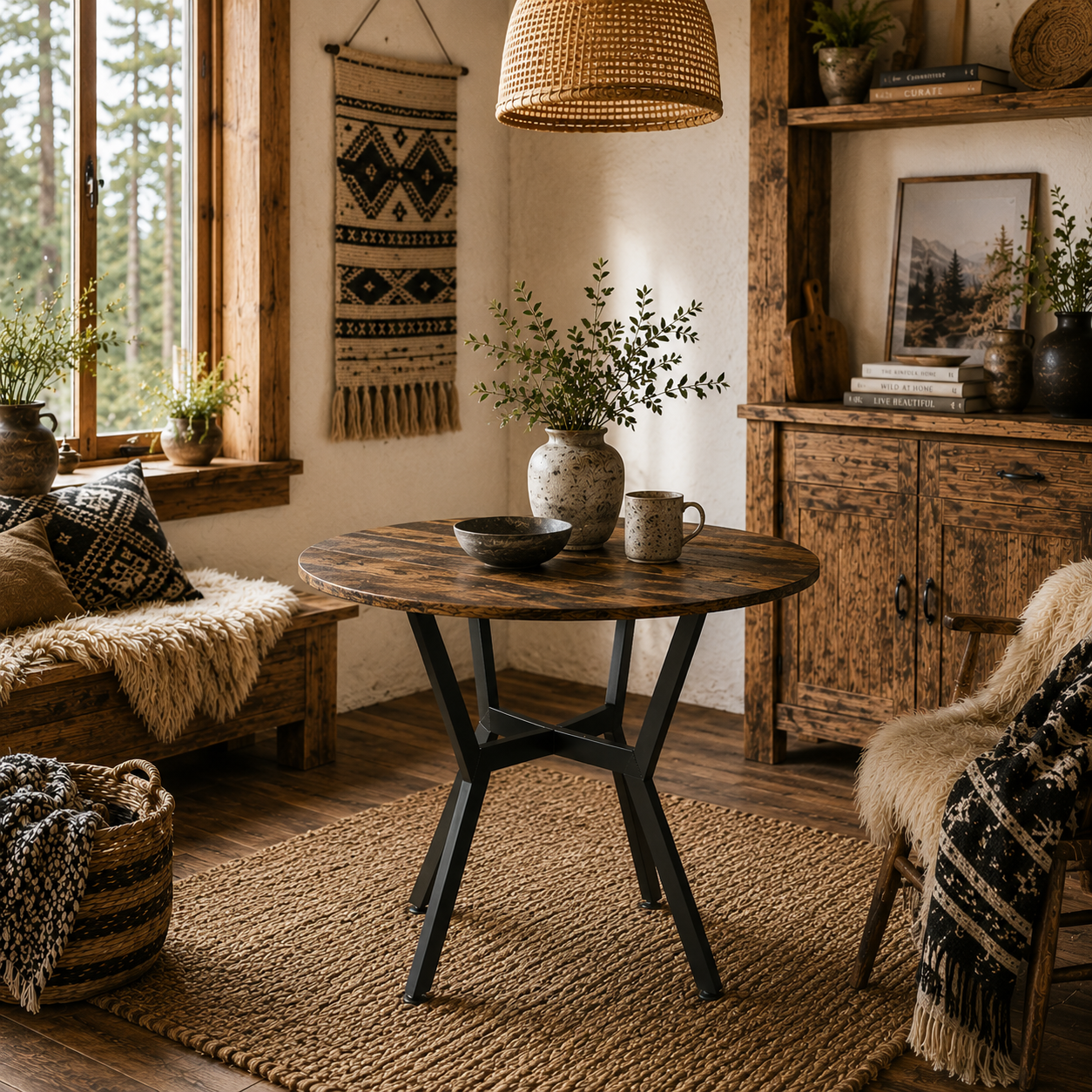 Molu Rustic Brown Round Dining Table With Black Metal Legs 90cm