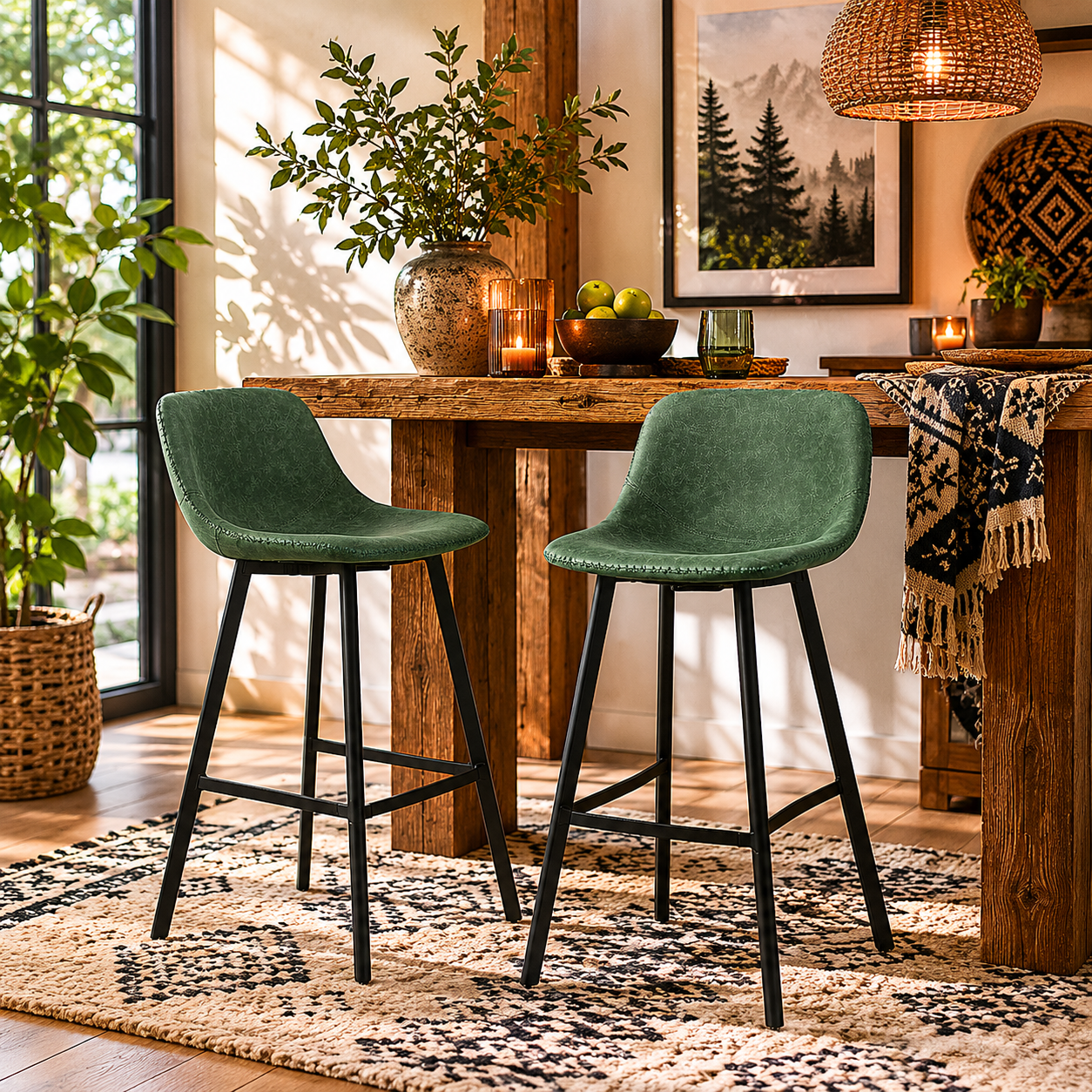 Noso Tane Set Of 2 Green Faux Leather Upholstered Dining Bar Stools