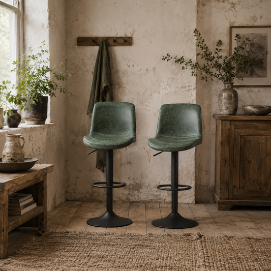 Kekero Set Of 2 Green Faux Leather Counter Bar Chairs With Back And Footrest