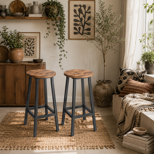 Rema Set Of 2 Rustic Brown Industrial Round Bar Stools With Footrest 65cm