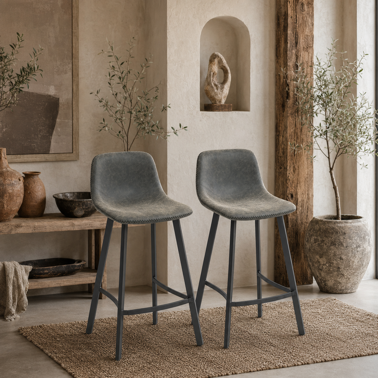 Nora Set Of 2 Grey Faux Leather Dining Bar Stools With Back And Foot Support