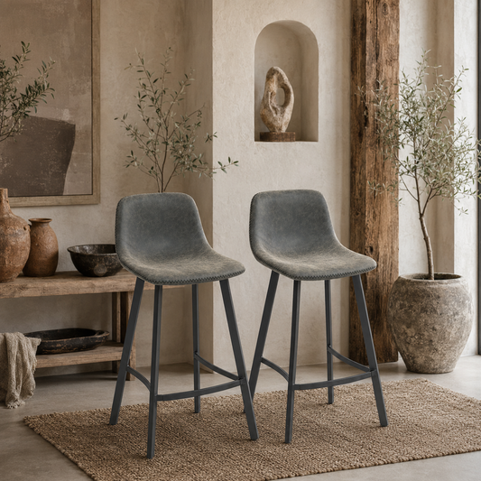 Nora Set Of 2 Grey Faux Leather Dining Bar Stools With Back And Foot Support