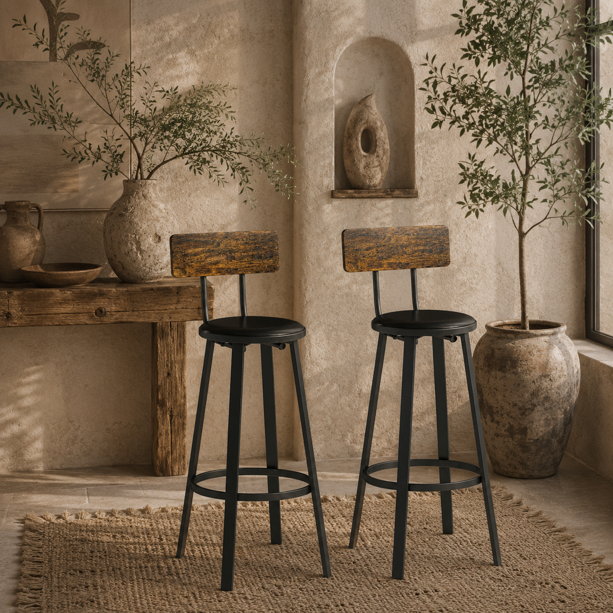 Namto Set Of 2 Brown And Black Industrial Steel Frame Bar Stools