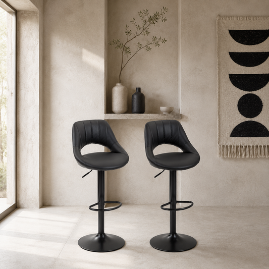 Nadi Set Of 2 Black Faux Leather Bar Chairs With Padded Seats