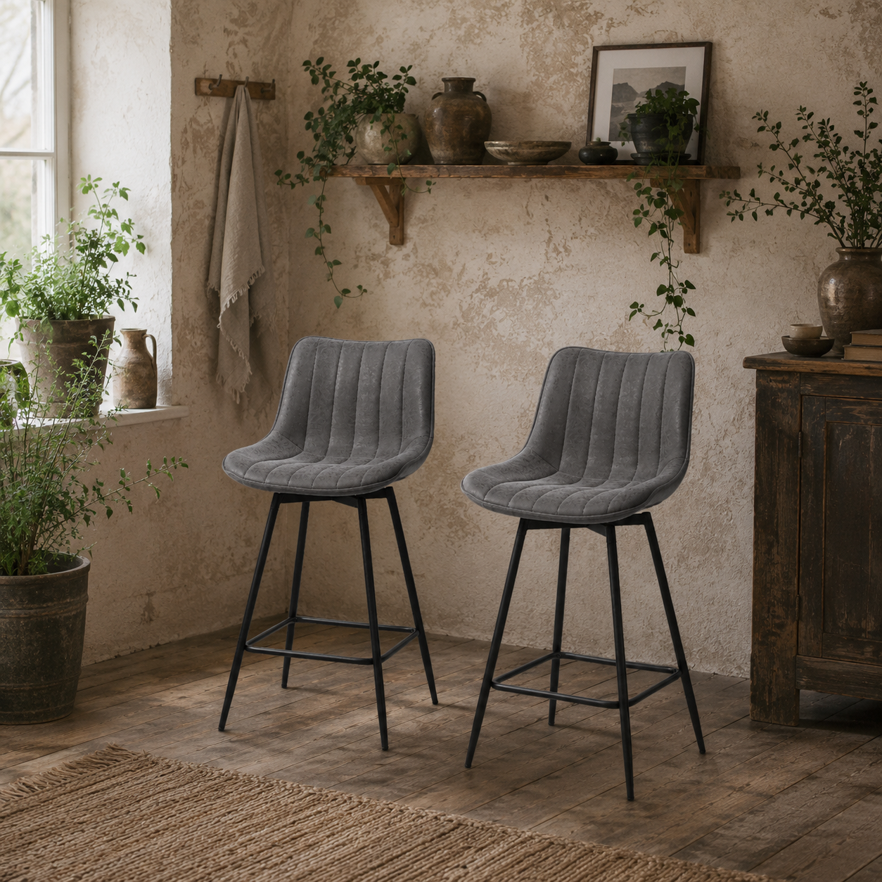 Pahara Set Of 2 Grey Faux Leather Swivel Bar Chairs