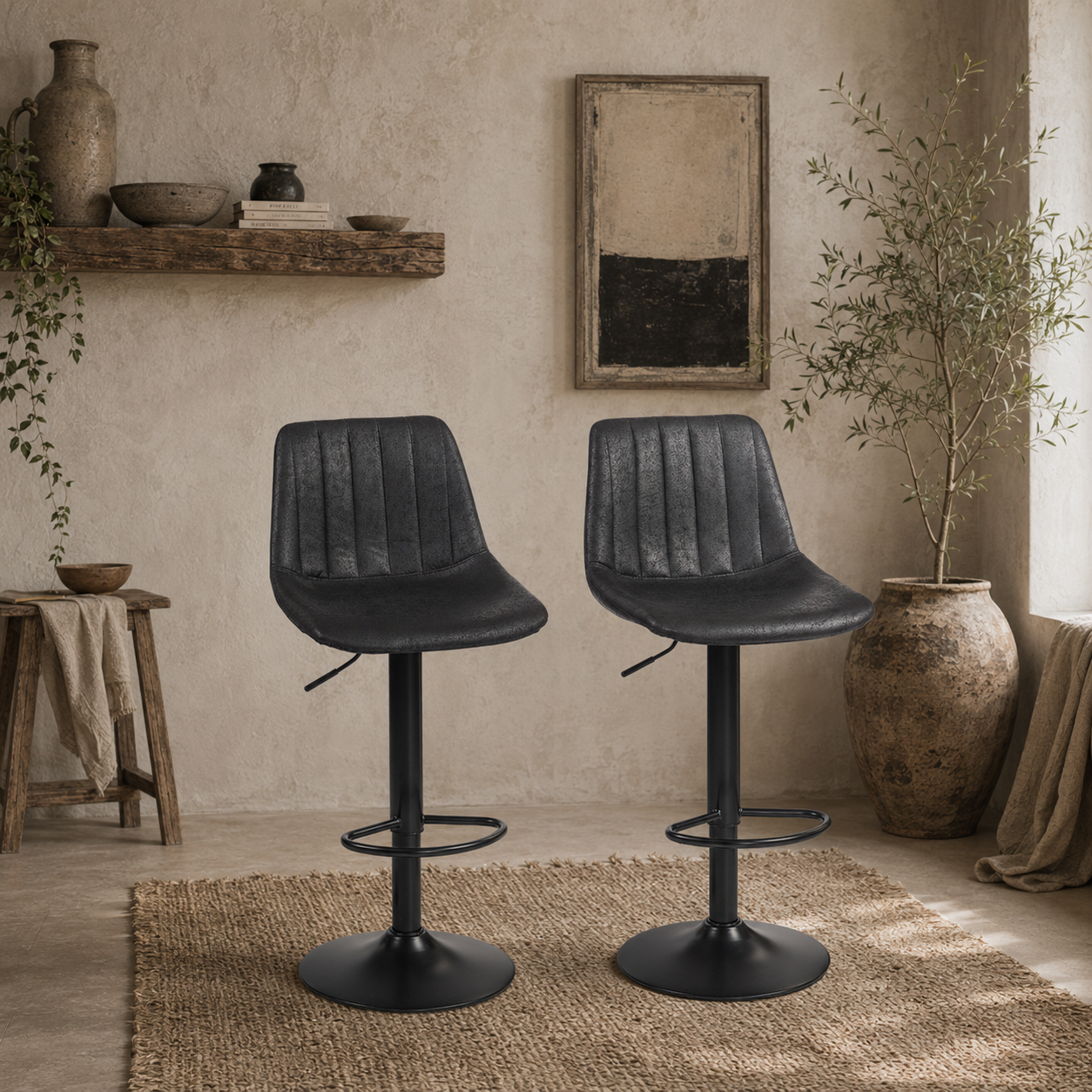 Nalo Set Of 2 Black Leathaire Upholstered Tub Style Bar Stools