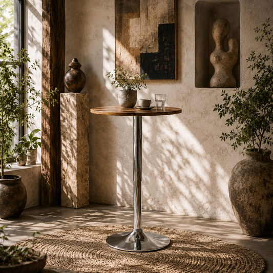 Redone Rustic Brown Adjustable Swivel Round Bar Table With Steel Base