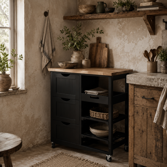 Tovafi Wooden Black Compact Rolling Kitchen Island With Wood Top Shelves And Drawers