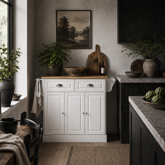 Nirael Wooden White Rolling Kitchen Island With Rubberwood Top Drawer And Storage