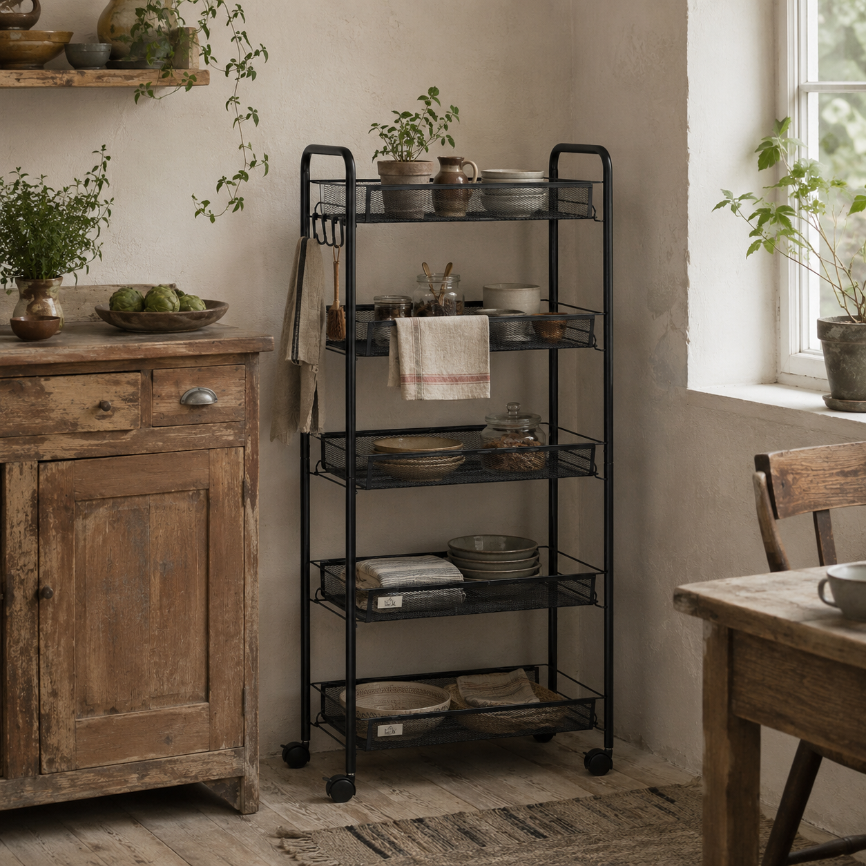 Velu Metal Black 5 Basket Steel Storage Trolley With Wheels