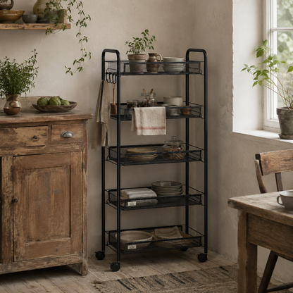 Velu Metal Black 5 Basket Steel Storage Trolley With Wheels
