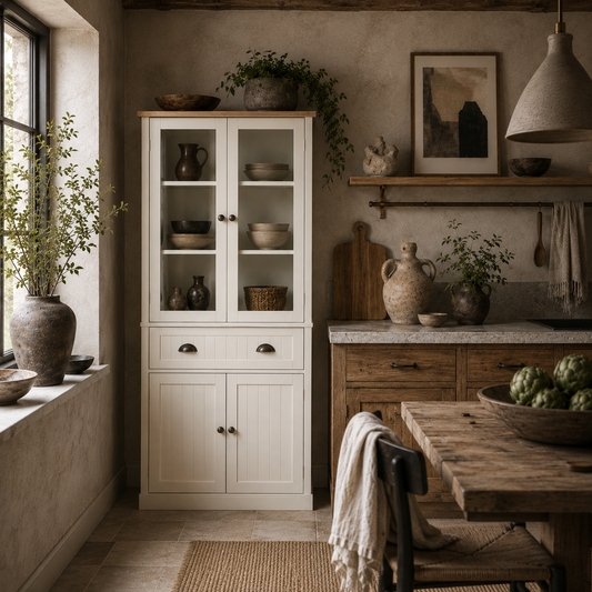 Fidozi Wooden Cream White 5 Tier Freestanding Kitchen Cupboard With Adjustable Shelves And Drawer