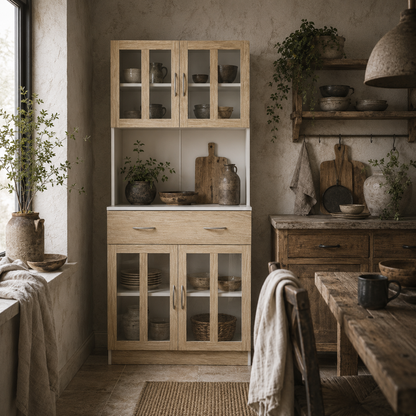 Vefaso Wooden White Tall Kitchen Hutch With Central Drawer Glass Door Cabinets And Countertop 180 cm