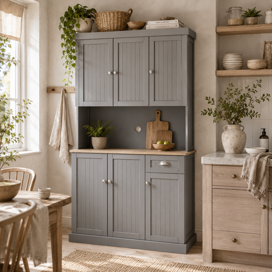 Ririlo Wooden Grey 180 cm Tall Kitchen Storage Cabinet With OFauxn Counter Drawers And 6 Doors