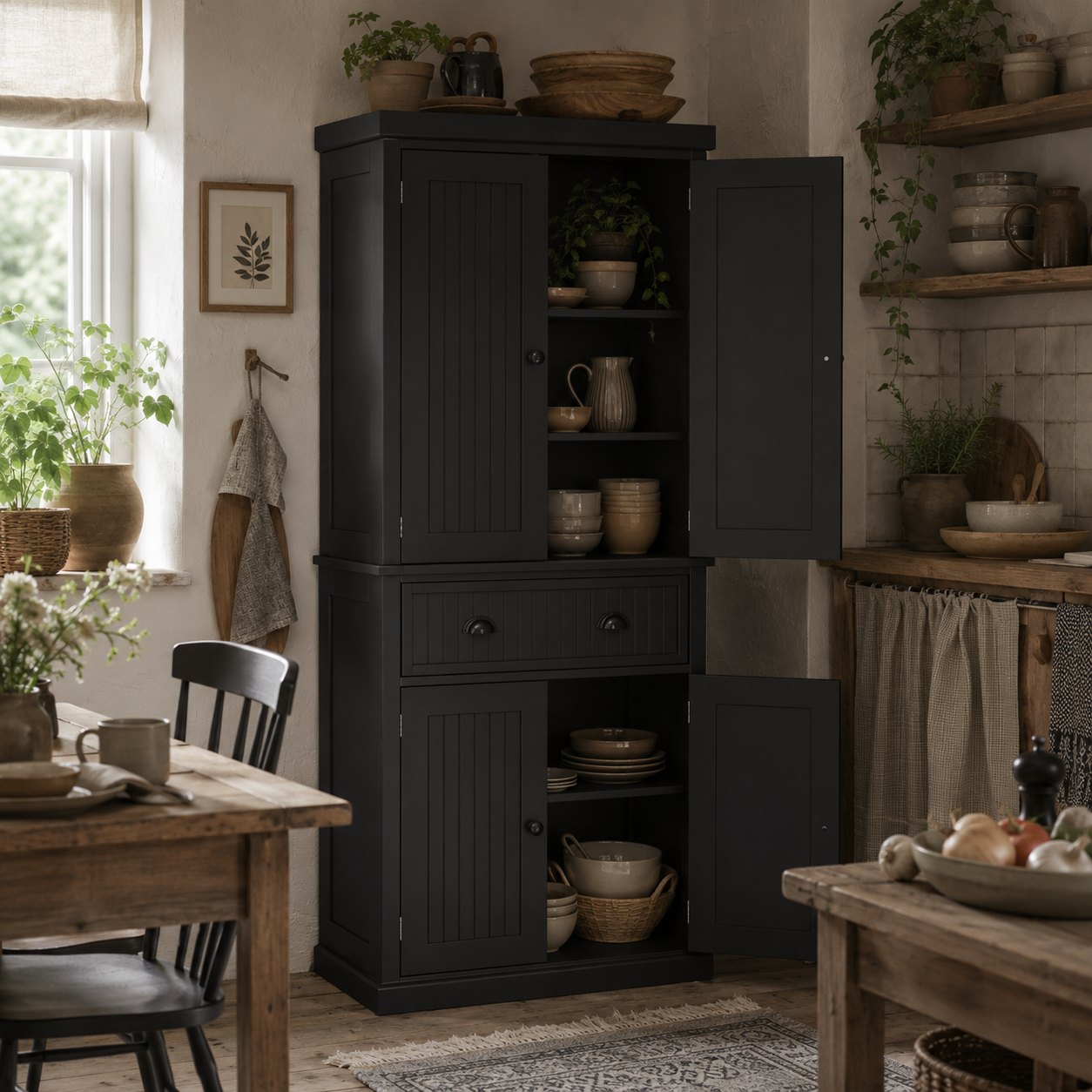 Nafino Wooden Black Freestanding Multi Storage Kitchen Cabinet
