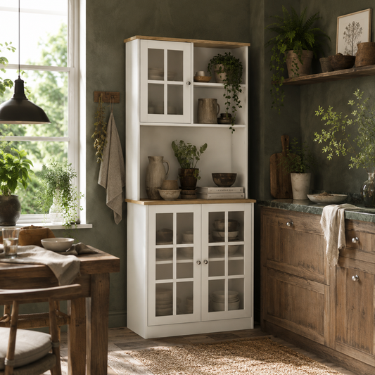 Somire Wooden White Kitchen Storage Cabinet With Glass Doors Countertop And Adjustable Shelves
