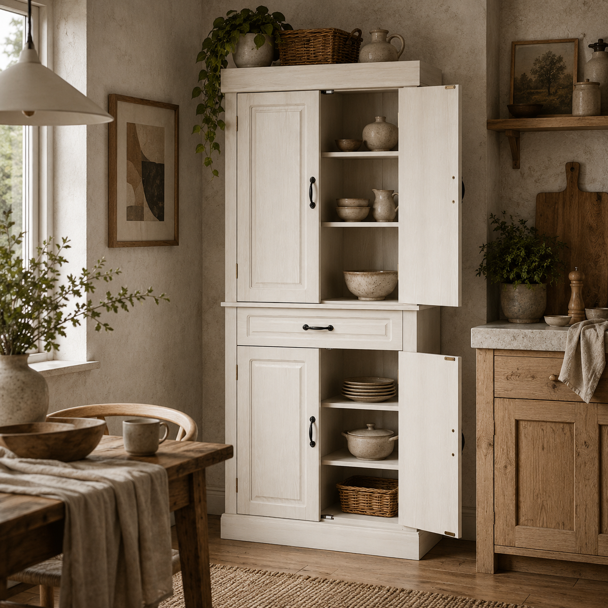 Tokeri Wooden Cream White Tall Kitchen Pantry Cabinet 4 Doors And Storage Shelves