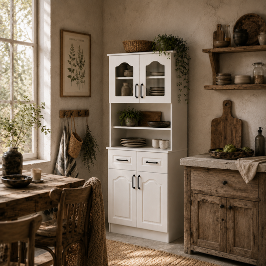 Reluta Tafa Wooden White Tall Kitchen Cupboard With Adjustable Shelves Drawers And OFauxn Counter 168 cm