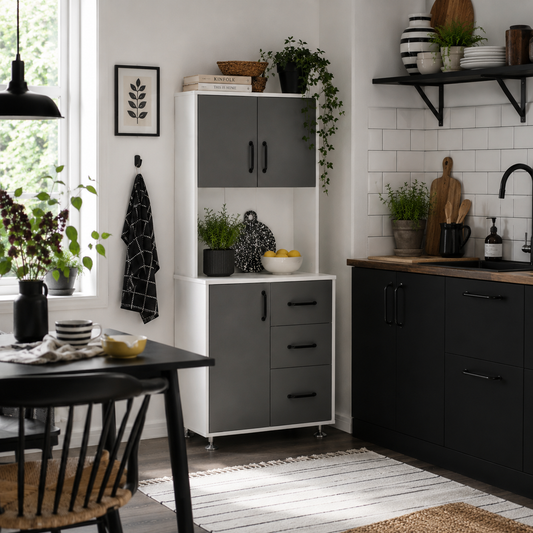 Saseve Wooden Grey Modern Kitchen Cupboard With 3 Drawers And OFauxn Counter