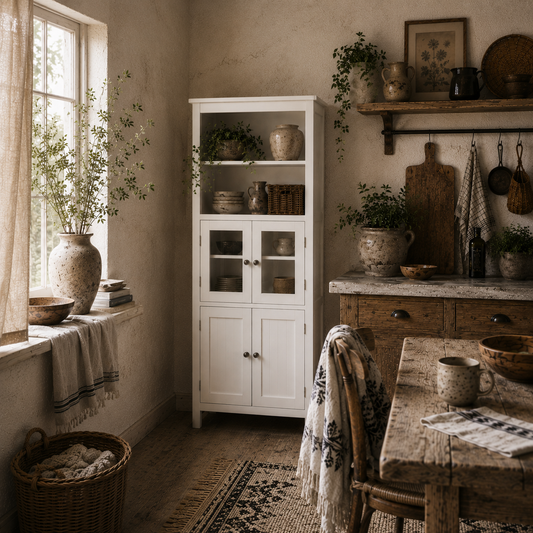 Doke Wooden White 4 Door Kitchen Cupboard With Glass Panels And Adjustable Shelves