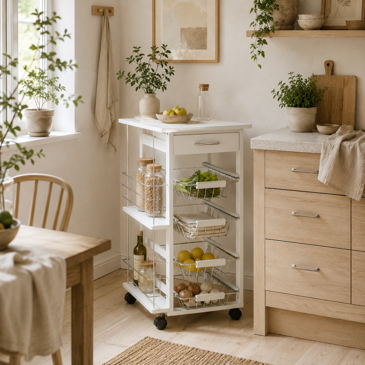 Tore Metal White Rolling Kitchen Cart With 4 Basket Drawers And Side Racks