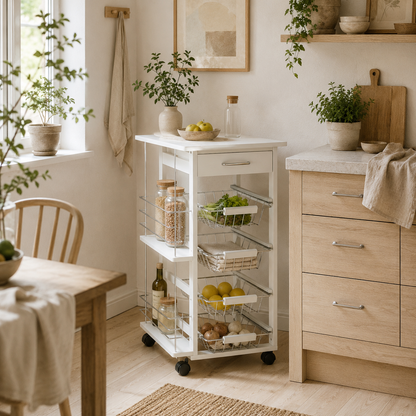 Tore Metal White Rolling Kitchen Cart With 4 Basket Drawers And Side Racks