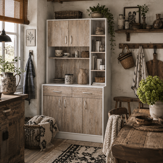 Dosefa Mita Wooden White Kitchen Sideboard With Countertop Drawers And Adjustable Shelves