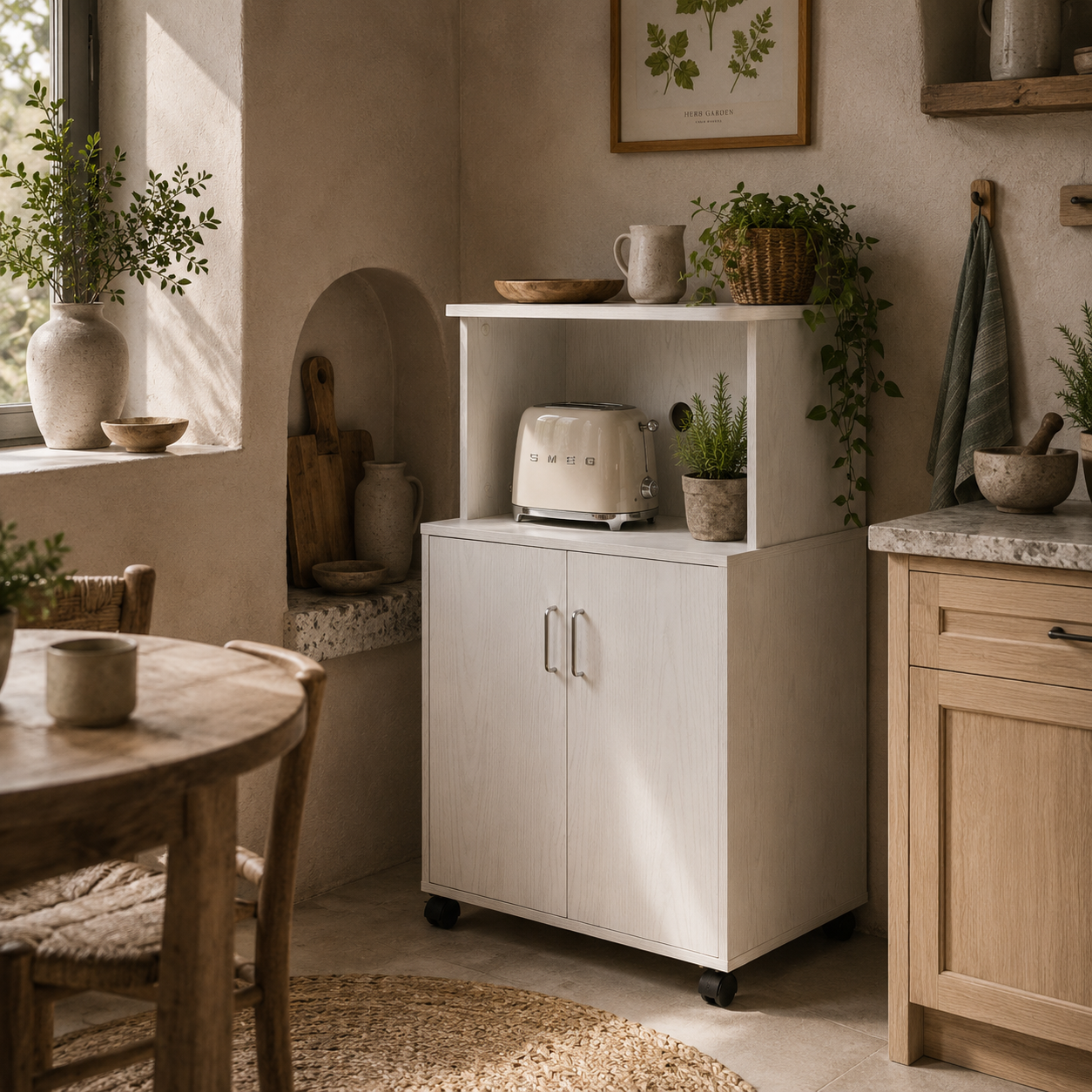 Fari Move Wooden White Microwave Stand Kitchen Trolley With Storage Cabinet And Locking Wheels