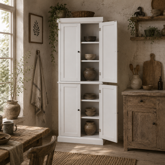 Varofa Wooden White Freestanding Kitchen Cupboard With 4 Doors And 6 Tier Shelving