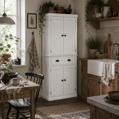 Fayo Wooden White Tall Colonial Style Kitchen Pantry Cabinet 4 Doors And Drawer
