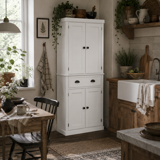 Fayo Wooden White Tall Colonial Style Kitchen Pantry Cabinet 4 Doors And Drawer