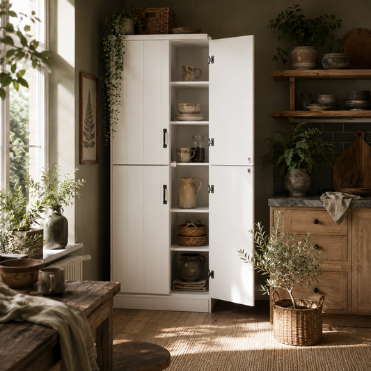Nahado Wooden White 4 Door Tall Kitchen Cupboard With 6 Tier Storage And Adjustable Shelves