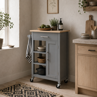 Sovasa Wooden Grey Compact Kitchen Trolley With OFauxn Shelves And Drawer Storage