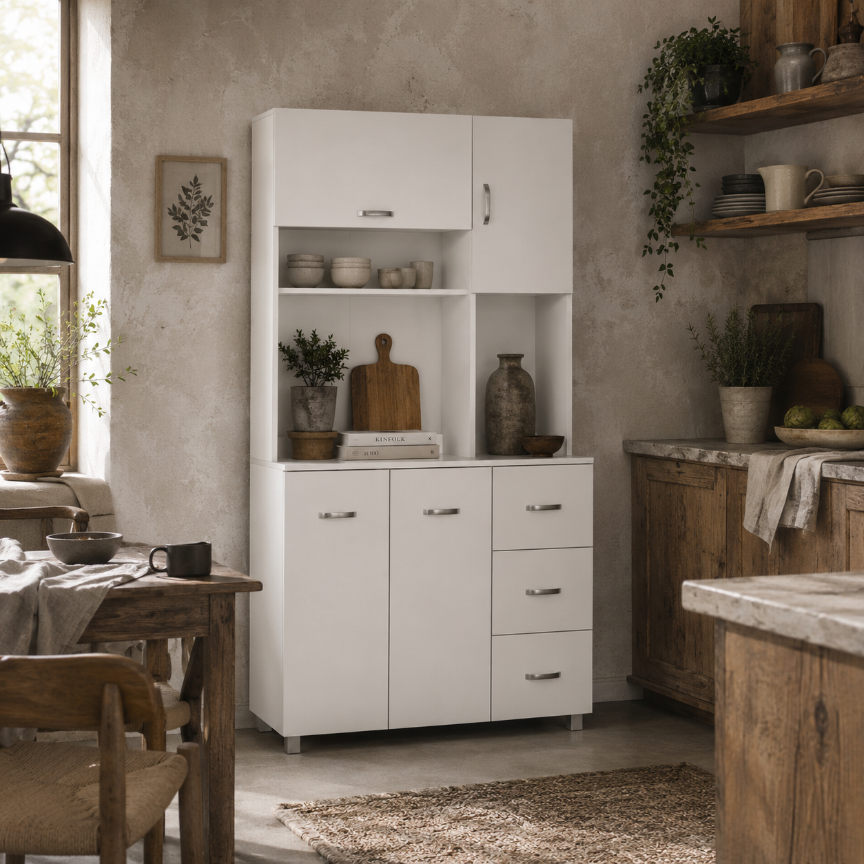 Vivivi Hapa Wooden White Tall Kitchen Sideboard With Drawers Flip Door Cupboards And OFauxn Shelves