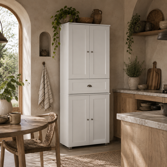 Soco Wooden White Tall Freestanding Kitchen Pantry Cabinet Adjustable Shelves And Drawers 184 cm