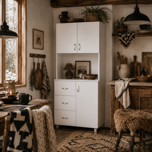 Dika Wooden White Tall Kitchen Storage Cabinet With Doors Drawers And Adjustable Shelving 183.5 cm