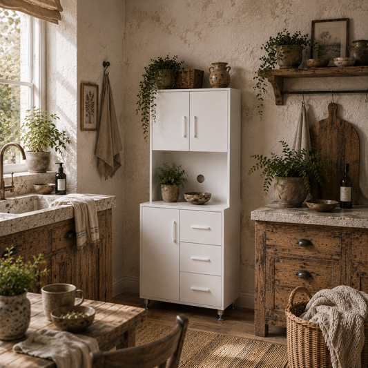Cohana Wooden White Modern Kitchen Cupboard With 3 Drawers And Open Counter
