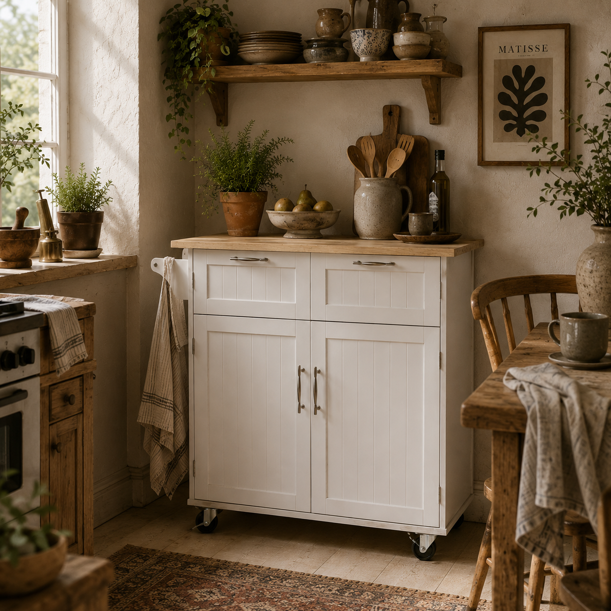 Nopaso Wooden White Kitchen Island With Drawers And Cupboards