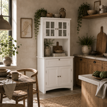 Banira Wooden White Kitchen Cupboard With Framed Glass Door Drawer And Microwave Shelf