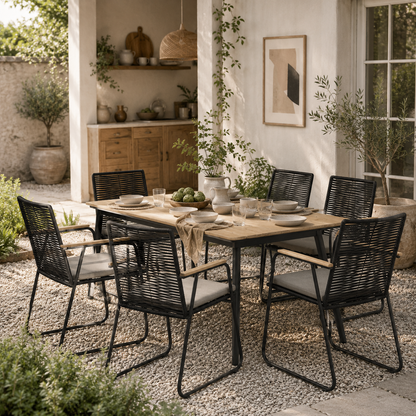 Karutte 6 Seater Garden Dining Set featuring Soft Cushions Rattan Backrest Rectangular Plastic Top Garden Furniture Set Outdoor Dining Table & Chairs for Patio Balcony Poolside Nature Wood Finish