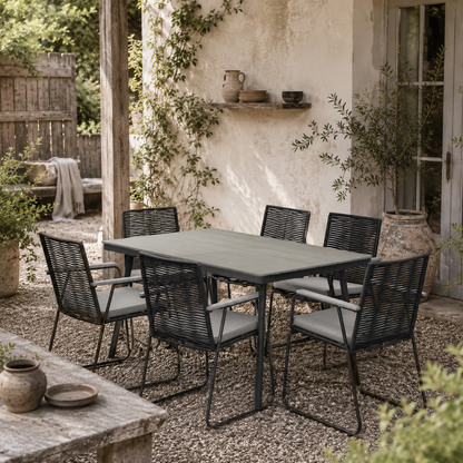 Karutte 6 Seater Garden Dining Set featuring Soft Cushions Rattan Backrest Rectangular Plastic Top Garden Furniture Set Outdoor Dining Table & Chairs for Patio Balcony Poolside Grey
