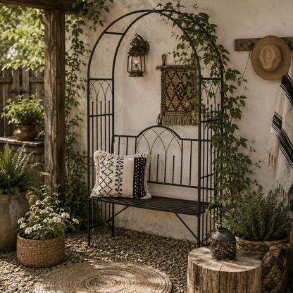 Katoba Metal Black 2 Seater Garden Arch Bench With Trellis For Climbing Plants