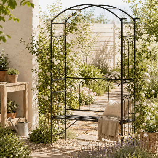 Moretta Metal Black Garden Bench With Arched Trellis Frame For Climbing Plants 115 x 50 x 203 cm