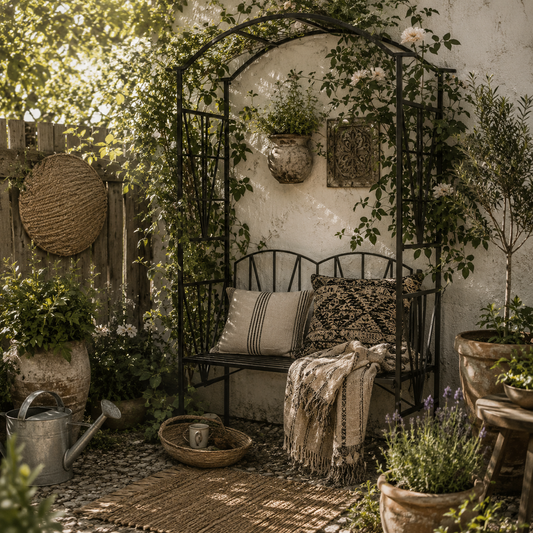 Sovemo Metal Black 2 Seater Garden Bench With Arch Back For Climbing Plants
