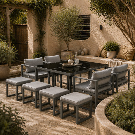 Moyoha Aluminium Grey 9 Piece Space Saving Garden Cube Dining Set With Cushions