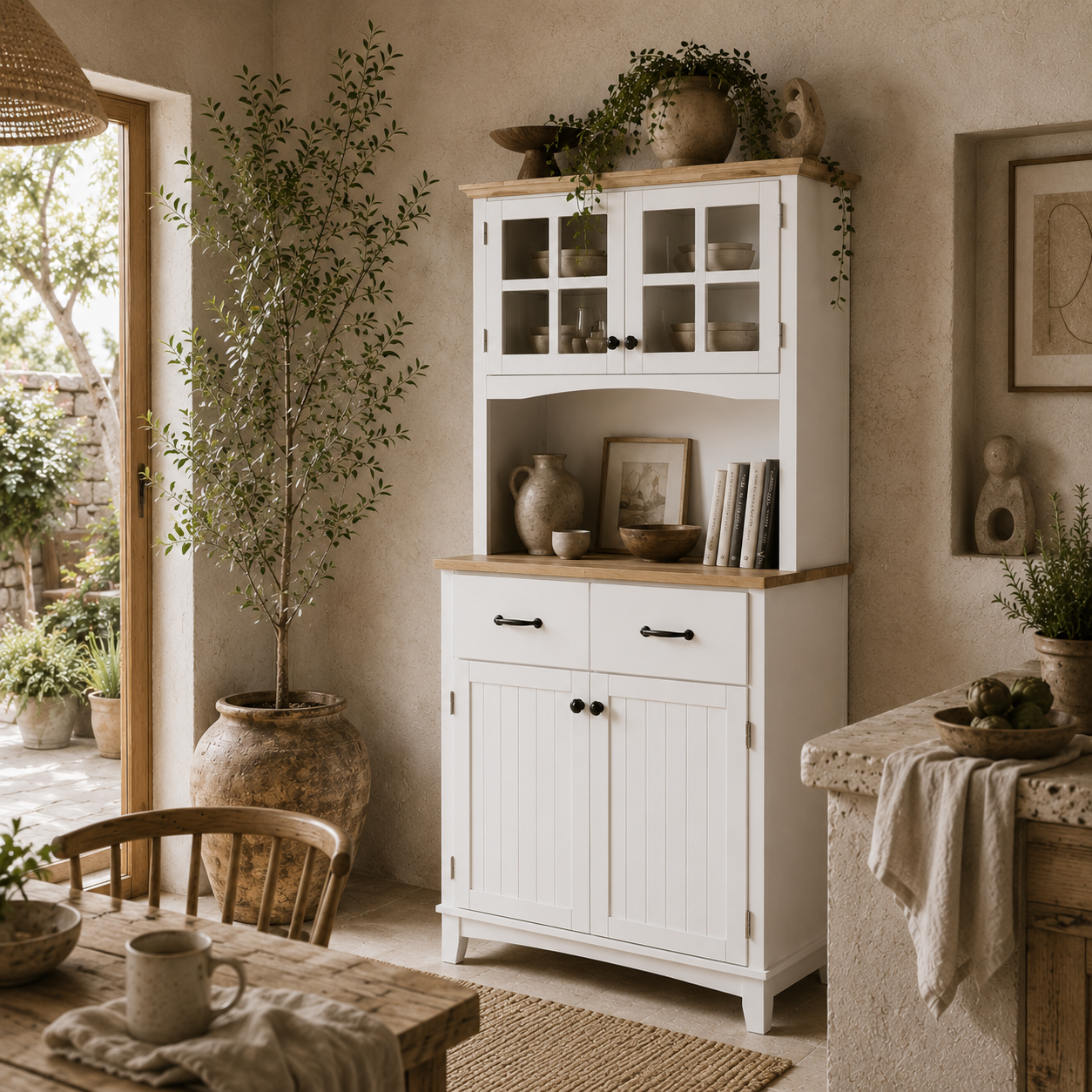 Fidipa Wooden White Kitchen Storage Cupboard With Glass Doors And Microwave Shelf 172 cm