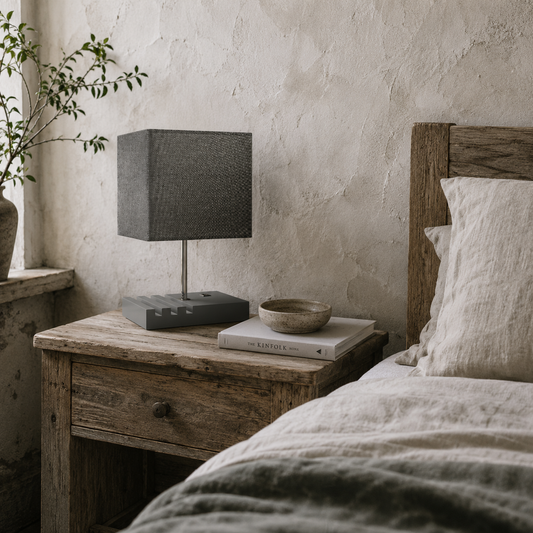 Kata Wood And Fabric Grey Bedside Table Lamp With USB Charging Ports Phone Stands And Fabric Shade