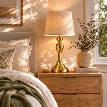 Rino Metal Gold Tone Set Of 2 Bedside Lamps With USB Charging Ports Linen Shades And 3 Colour Light