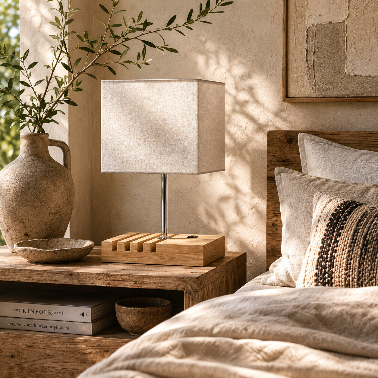 Hael Wood And Fabric White Bedside Table Lamp With USB Charging Ports Phone Stands And Fabric Shade